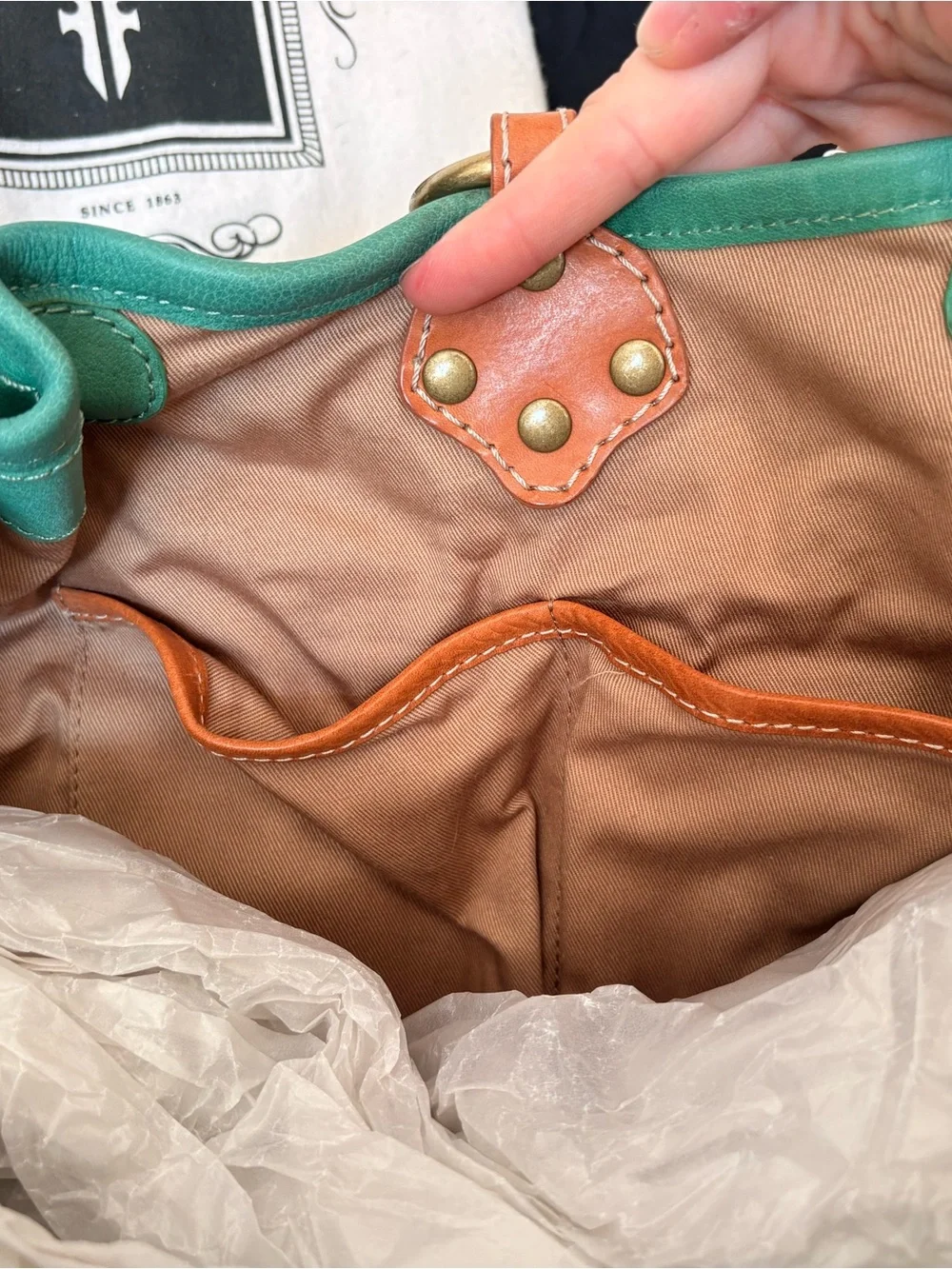 RARE Y2K Frye Turquoise Leather Ruched-Handle Shoulder Bag with Brass Hardware